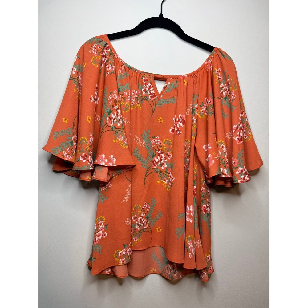 Copper Key Orange Floral Tiered Flutter Sleeve Blouse Top Feminine Womens Medium - Picture 2 of 10